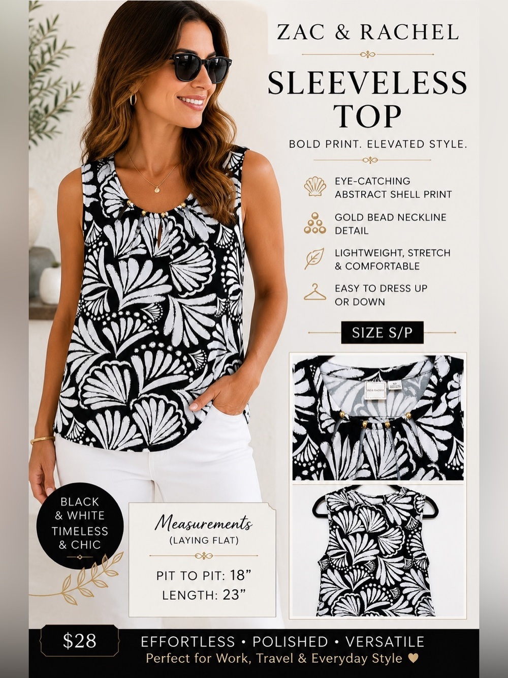 Zac & Rachel Black & White Abstract Shell Print Sleeveless Top | Size S/P